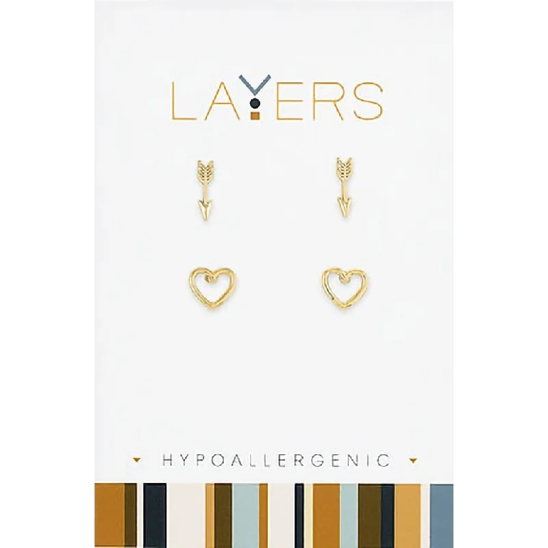 Crystal Earrings for Evening Glam-Center Court : Gold Arrow & Open Heart Duo Pair Stud Layers Earrings