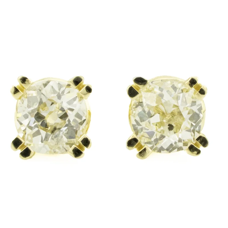 Elegant Pearl Earrings for Wedding-1.91ctw Mine Cut Diamond Solitaire Stud Earrings in 14K Yellow Gold