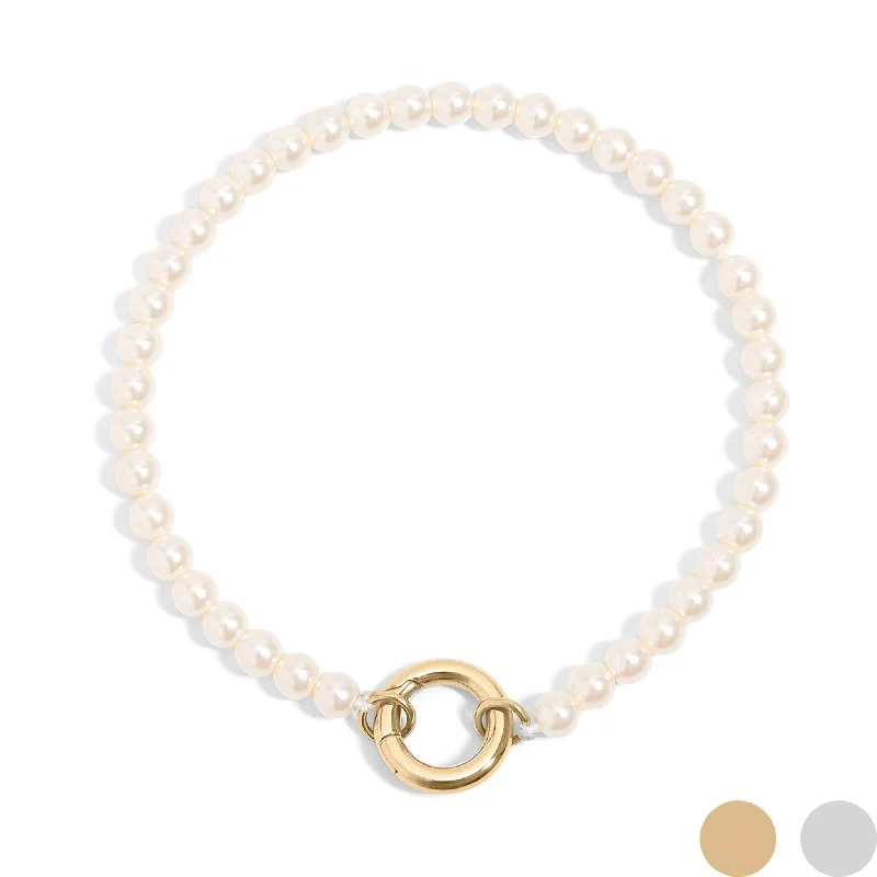 Minimalist Bracelet for Women-18K Gold PVD Stainless Steel Glass Pearl Charm Keeper Bracelet / SBB0337