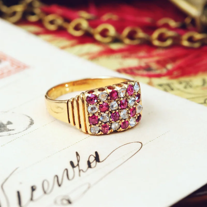 Handmade Gold Ring for Gifts-Edwardian Ruby & Diamond 'Chequerboard' Ring