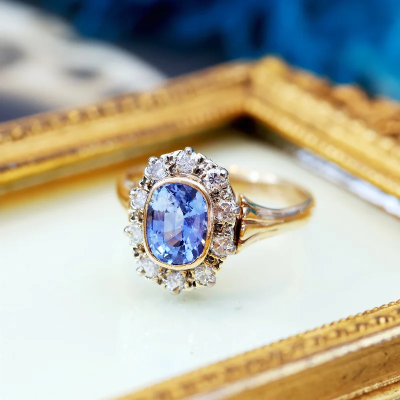 Vintage Sapphire Ring for Special Occasions-Vintage Delight! Ceylon Sapphire & Diamond Cluster Ring