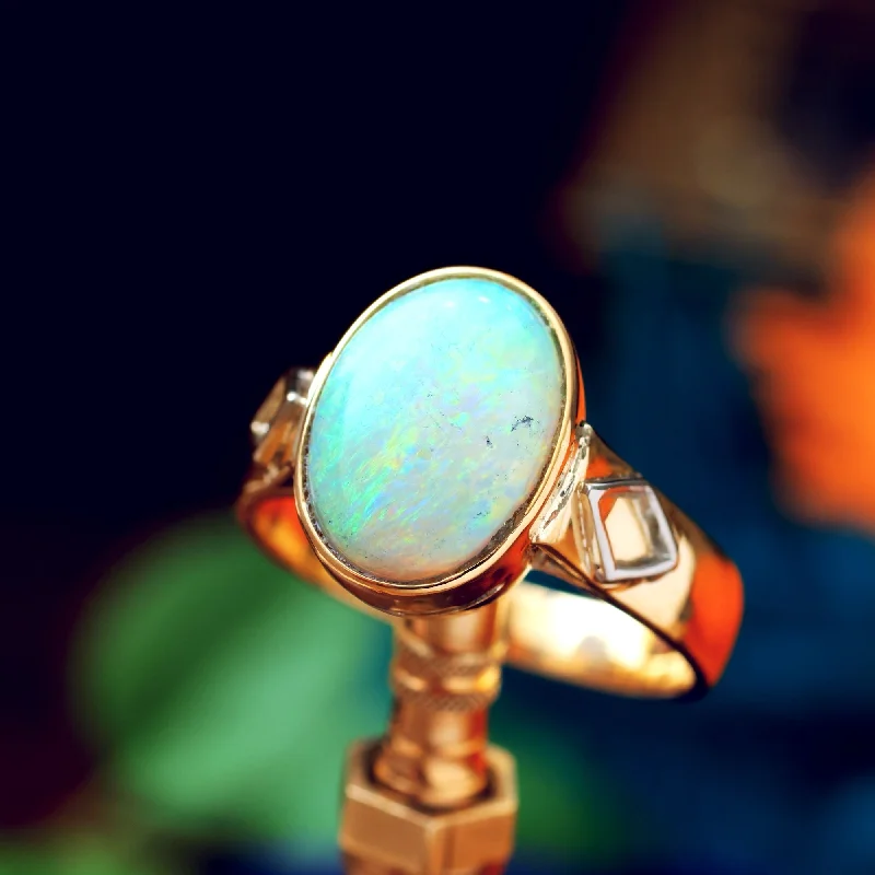 Sterling Silver Ring for Special Occasions-Stylish Vintage Crystal Opal Cabochon Ring