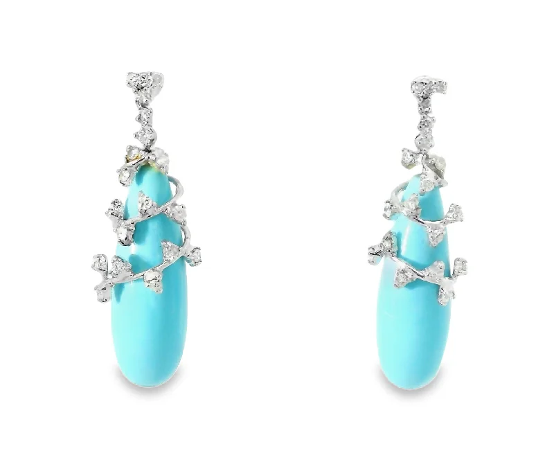 Beautiful Earrings for Weddings-Gorgeous Estate 14K White Gold Turquoise Diamond Dangle Drop Earrings